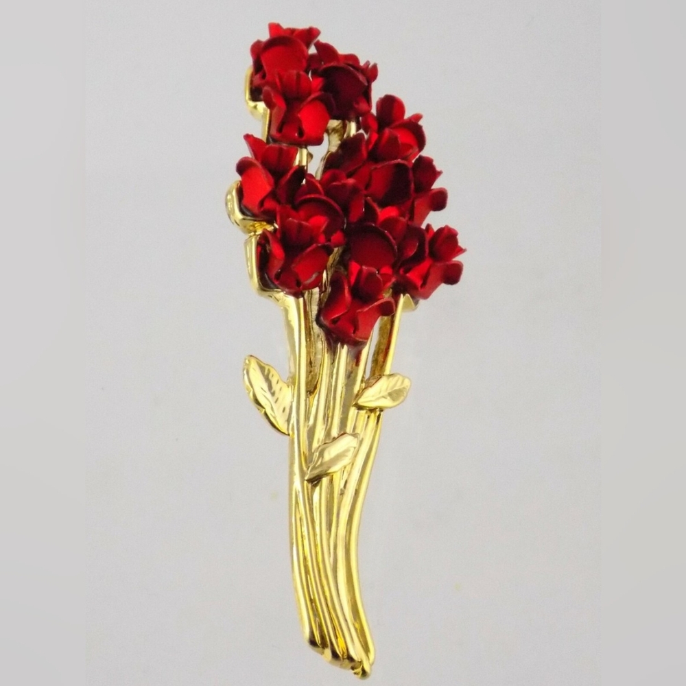 Vintage  David Monn 97 Red Roses Bouquet Goldtone Brooch